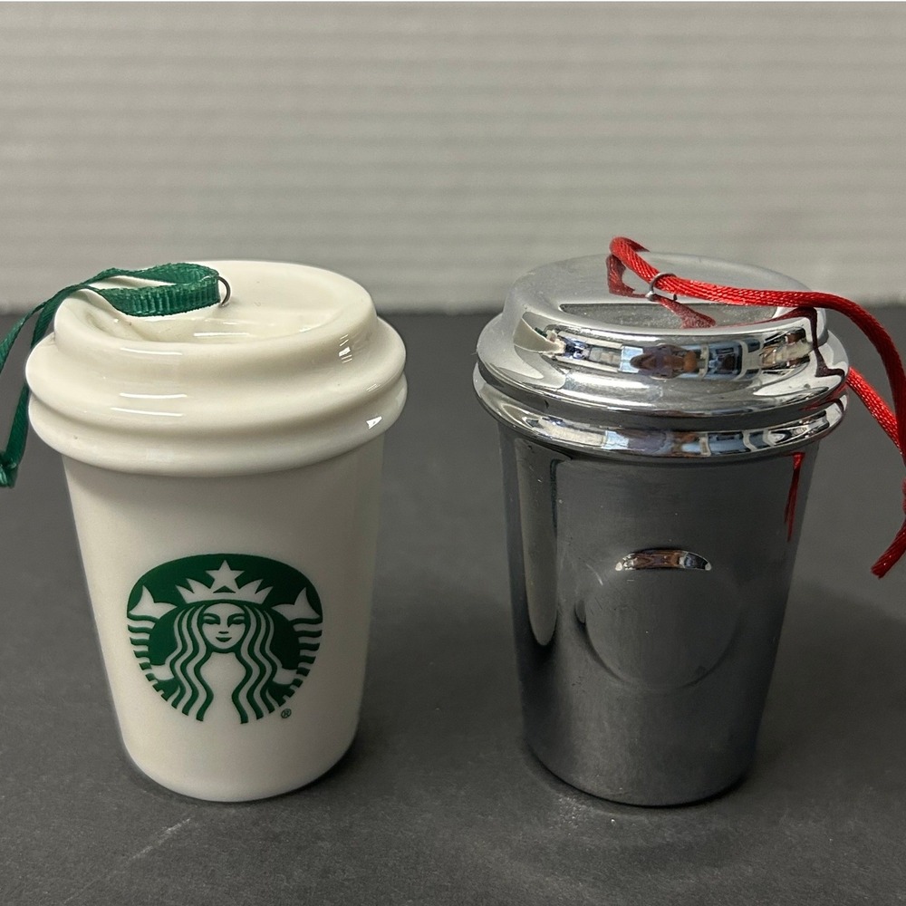 Starbucks Coffee Cup Ornaments White Silver Good 2014 2015 Christmas Holiday Set